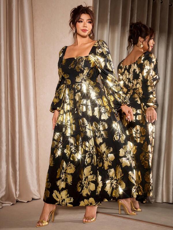 Cravure Vestido Feminino Plus Size Vintage com Cintura Marcada, Manga Longa, Decote Quadrado e Estampa em Folha de Ouro
