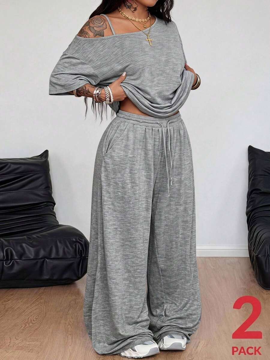 Coolane Women's Plus Size Spring/Summer Minimalist Street Style Basic Daily Commute Outfit Asymmetrical Neck T-Shirt And Pants Set - Light Grey - View 1