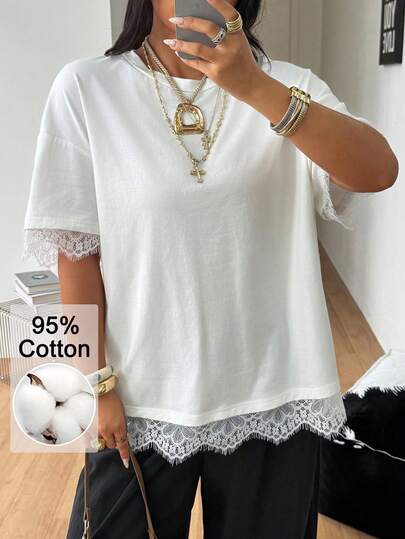 Coolane Women's Lazy Style Lace Trim Patchwork Short Sleeve T-Shirt Summer Top
