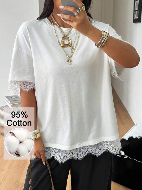 Coolane Women's Lazy Style Lace Trim Patchwork Short Sleeve T-Shirt Summer Top