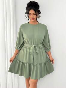 Elenzga Plus Size Women Solid Color Pleated Casual Elegant Everyday Autumn Dress Formal Brunch Sage Green - Army Green - View 7
