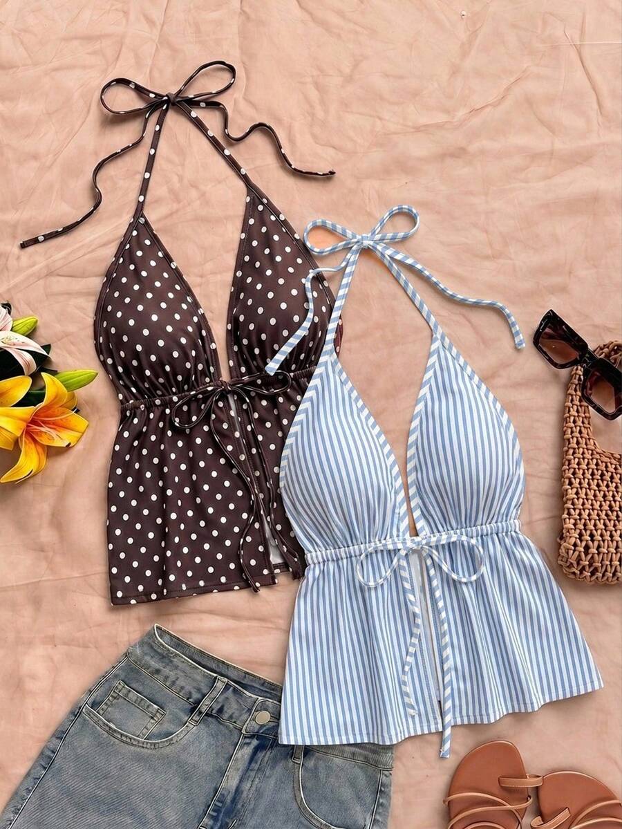 Soleia 2件組女款休閒露背掛脖前綁帶上衣套裝,藍白條紋 + 棕白波點,休閒極簡度假波希米亞優雅浪漫復古印花圖案,通勤、音樂節、海灘、度假、夏季 - 彩色 - 查看 1