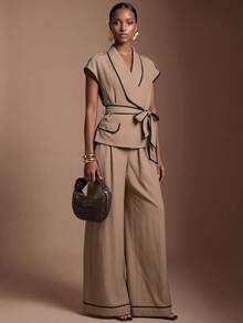 Zivah Setelan Elegan Wanita: Jaket Manset Bergaris dan Celana Panjang Lebar - Khaki - View 3