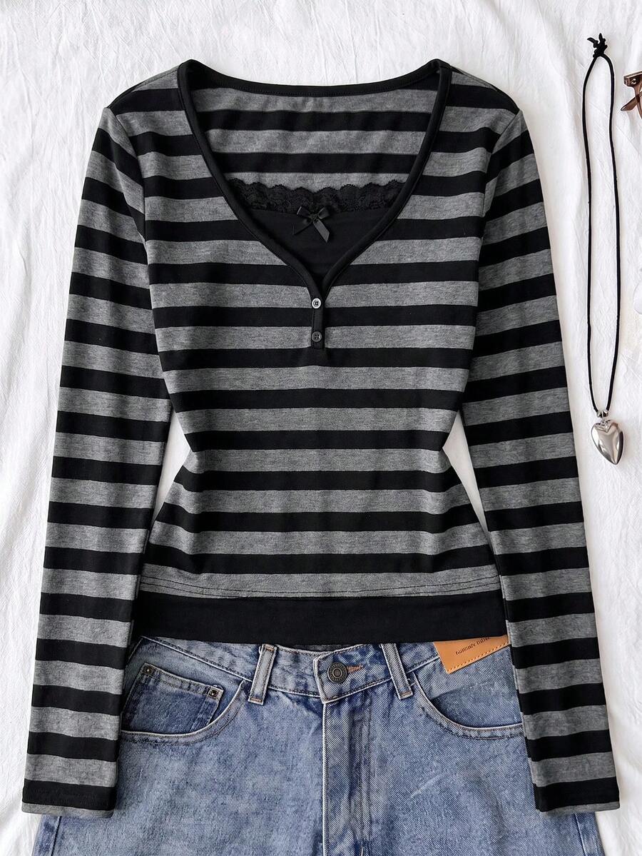 Teen Girl Teen Girls Knitted Striped Patchwork Black Lace Casual Long Sleeve T-Shirt - Black - View 1