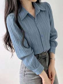DAZY 女式纯色褶皱领宽松衬衫，蓝色，春夏秋装，秋季女装长袖上衣 - 藍色 - 查看 4