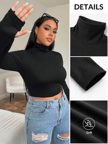 SHEIN EZwear 加大高领拇指洞短款T恤春装 - 黑色 - 查看 12