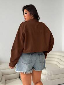 SHEIN EZwear 女款大尺碼純色休閒百搭日常長袖夾克 - 棕色 - 查看 2