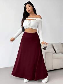 SHEIN EZwear 大尺碼休閒傳統優雅百搭純色長裙 正式派對酒紅色 秋冬款 - 酒紅色 - 查看 3