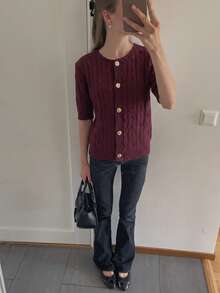 Autumina Women's Spring/Autumn Casual Elegant Young Commute College Ribbed Twisted Rope Knit Short Sleeve Cardigan Office Brunch Burgundy - Burgundy - View 6