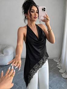 Selianne 女款純色垂領不對稱蕾絲下擺性感露背掛脖背心上衣 - 黑色 - 查看 3