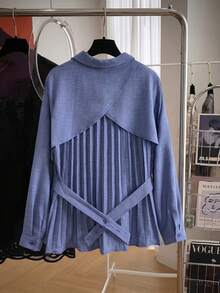 Modelyn Autumn Blue Turn-Down Collar Back Pleated Waist Rope Cinched Design Long Sleeve Elegant Commute Plus Size Women's Blouse - Blue - View 2