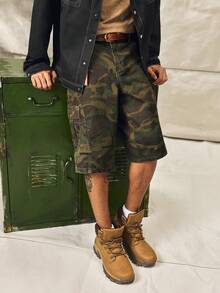 Norleigh Men's Casual Street Style Multi-Pocket Distressed Camouflage Wide Leg Denim Shorts Cargo Pants - Army Green - View 6