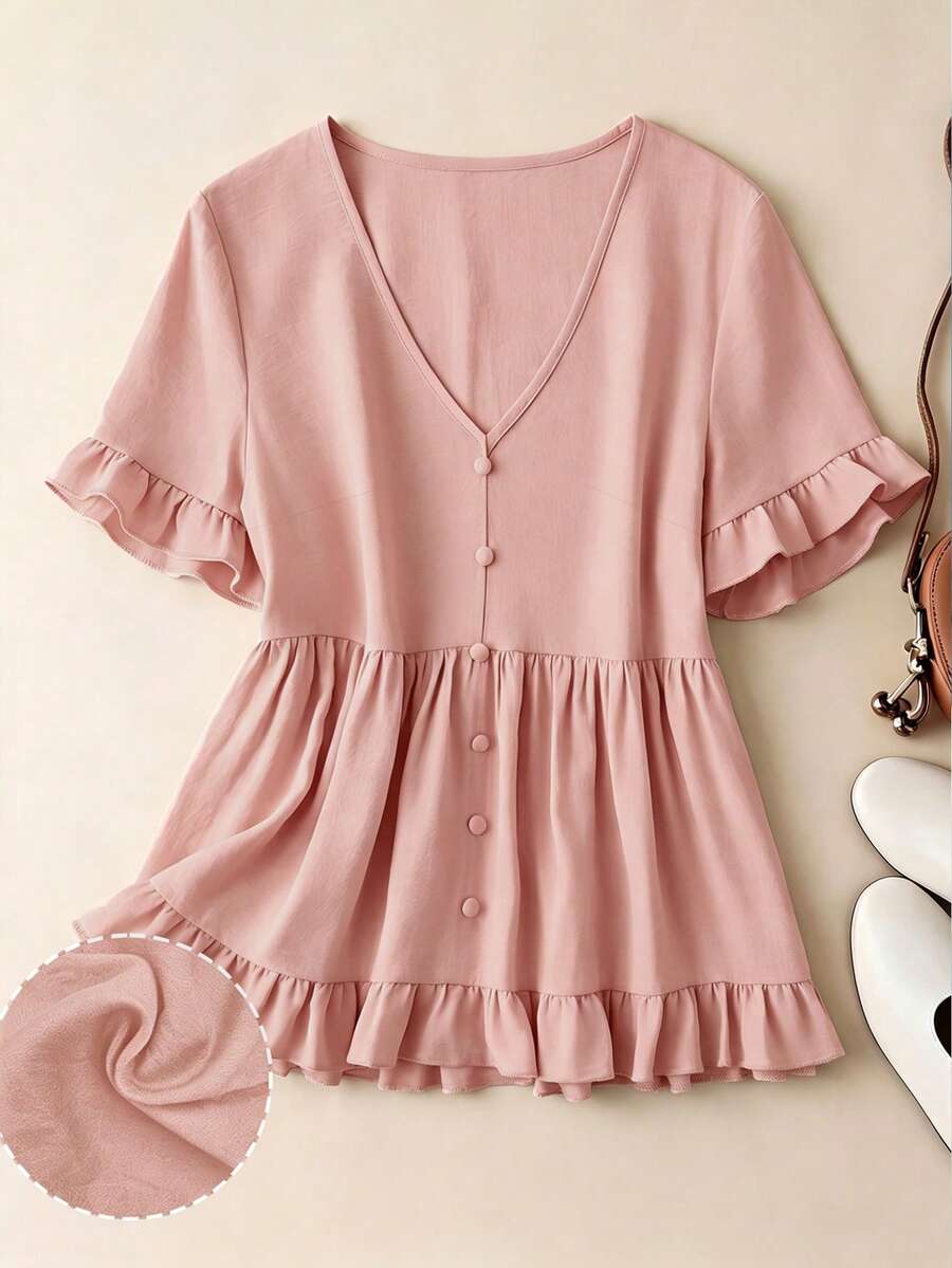 Linhara Plus Size Solid Color Linen Summer Slimming Frill Trim Holiday Summer Vacation Top Pink - Pink - View 1