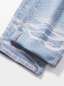 ROMWE MEN Men's Distressed Denim Jeans With Pocket And Rhinestone - Blue - View 7