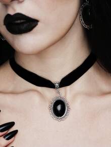 MortiRose 3pcs Gothic Style Black Gem Choker Necklace, Pendant & Earrings Set For Women, Retro Punk Jewelry - Multicolor - View 3