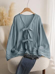 CosyJoli Plus Size Casual Lace-Up Ruffle Patchwork Textured Fabric V-Neck Long Sleeve Blouse - Blue - View 4