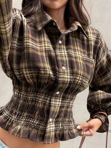 MainGRL 棕色格紋編織女款單排扣長袖襯衫 - 彩色 - 查看 5
