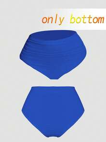 Swim Chiccia Bikini de talla grande para mujer con tela acanalada, unicolor, fruncido y control de abdomen, adecuado para uso diario y de vacaciones en verano - Azul - Ver 7