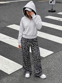 SHEIN 2件組青少年女孩灰色花卉連帽拉鍊開襟外套，寬落肩、羅紋腰部，時尚休閒設計運動衫搭配寬鬆舒適寬腿長褲套裝，休閒運動學院風，適合戶外、室內、運動、派對、學校及任何場合，春/秋/冬 - 彩色 - 查看 4