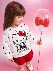 HELLO KITTY AND FRIENDS | SHEIN 1件少女休閒可愛卡通蝴蝶結印花圓領抓絨衛衣，適合秋冬穿著 - 白色 - 查看 2