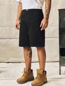 Norleigh Men's Casual Oblique Pocket Solid Black Denim Bermuda Shorts Jorts Cargo Pants - Black - View 3