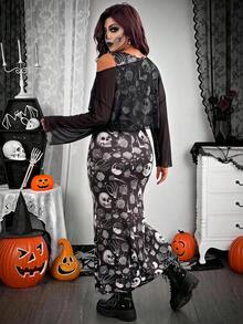SHEIN EZwear Plus Size Skull & Floral Print Mermaid Dress With Asymmetrical Shoulder Sheer Top 2 Pieces Set Fall - Black and White - View 5