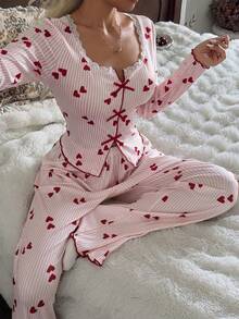 CottageSlumber Romantic Lace Trim Striped Heart Print Knit Textured Bow Decor Long Sleeve Long Pants Pajama Set Autumn/Winter Women - Multicolor - View 6