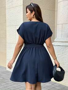 Easura Plus Size Elegant Casual Commuter Date Office Working Formal Professional Round Neck Waist-Cinching Navy Blue Knee-Length Dress Fall - Navy Blue - View 2