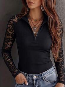 SHEIN Women's Elegant Street Style Blended Fabric Shirt, Zipper Collar, Sheer Lace Sleeves, Versatile Everyday Top - Black - View 4