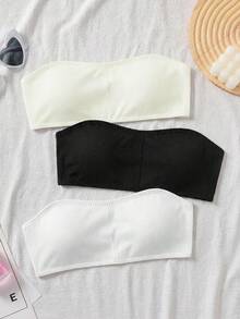 SHEIN 青少年女孩純色極簡舒適加厚防滑抹胸內衣 3件組 - 彩色 - 查看 3