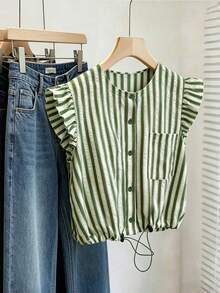 Franclia Striped Textured Round Neck Ruffle Hem Gathered Short Casual French Women's Blouse Beach Daily Green And White Summer - Multicolor - View 2