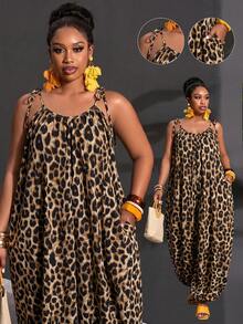 Slaydiva Plus Size Women Leopard Print Pocketed Wide Leg Jumpsuit - Brown - View 10