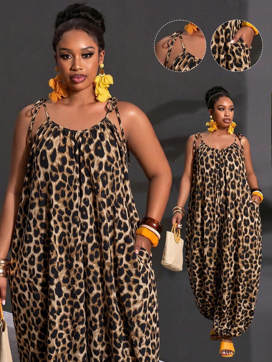 Slaydiva Plus Size Women Leopard Print Pocketed Wide Leg Jumpsuit