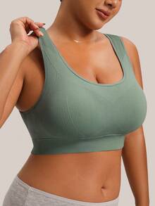 Barelissa 1pc Seamless Ribbed Solid Color Medium Support Deep U-Neck Sports Bra For Women, Wide Strap, Wire-Free Fixed Cups, Push-Up And Side-Boob Support, Daily Base Layer Camisole - Green - View 1