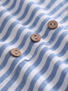 Linhara CURVE Women's Spring/Autumn Commute Casual Minimalist Western Blue And White Vertical Striped Round Neck Wooden Button Asymmetrical Decor - Blue - View 3
