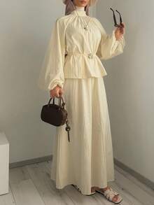 Solavon Women's Elegant Modest Casual Vacation Two Pieces Set Beige Textured Pleated Woven Design Includes Long-Sleeved Bubble-Sleev Brunch Autumn - Light Yellow - View 5