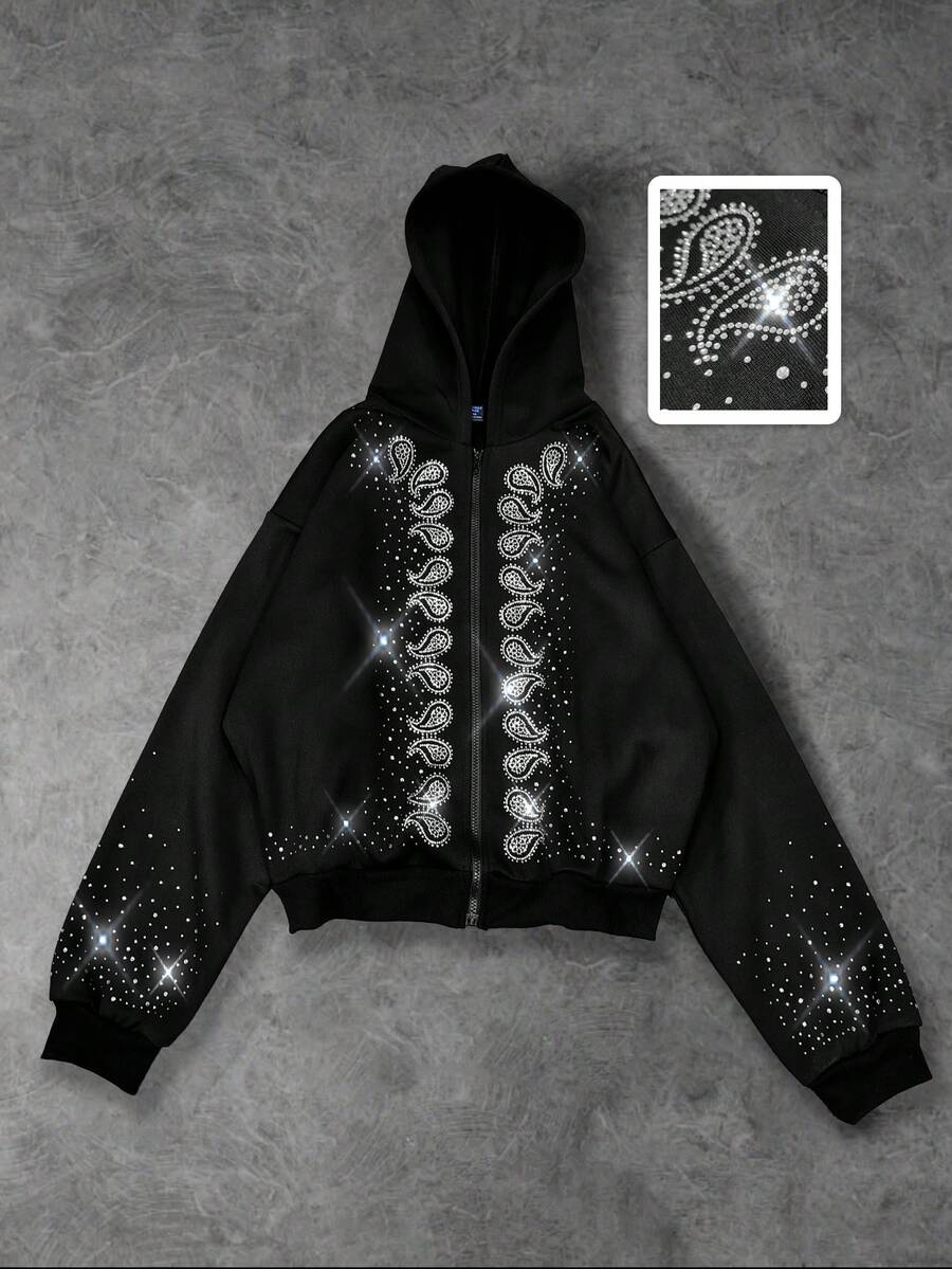 ROMWE MEN Street Life Men's Fashion Streetwear Rhinestone Zipper Long Sleeve Hoodie - Black - View 1
