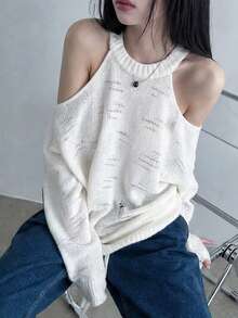 INAWLY Women's Solid Color Simple Casual Cold Shoulder Hollow Sweater, Knit Pullover Fall Winter - White - View 7