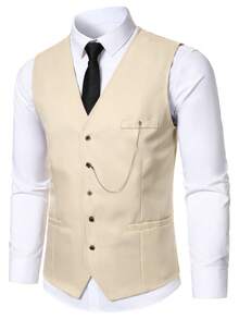 Manfinity Mode Men's Solid Color Waistcoat And Suit Pants Business Formal Set Wedding Suit For Ceremony - Beige - View 4