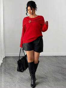 Elenzga Plus Size Metal Buckle Twisted Knit Pullover Sweater Winter - Red - View 5