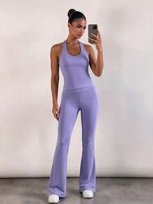 Dewbera Dewbera Halter Neck Tank Top & Flare Pants Sports Set, Purple - Purple - View 5