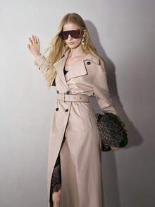 MOTF PREMIUM WOMEN'S KHAKI DOUBLE-BREASTED OPEN FRONT BELTED LONG TRENCH COAT - Khaki - View 8
