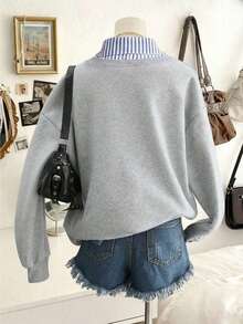 EMERY ROSE Plus Size Casual Linen Striped Patchwork Collared Pullover Sweatshirt, Fashionable & Versatile, Suitable For Autumn Daily Wear & Holidays Fall - Multicolor - View 2