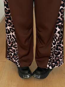 Maweii Celana Panjang Ukuran Besar Warna Cokelat Tua Motif Leopard Samping, Potongan Lebar, Kasual, Pinggang Elastis, Menutupi Pinggul, Melangsingkan, Gaya Jalanan Amerika, Cocok untuk di Rumah & Perjalanan. - MultiWarna - View 8