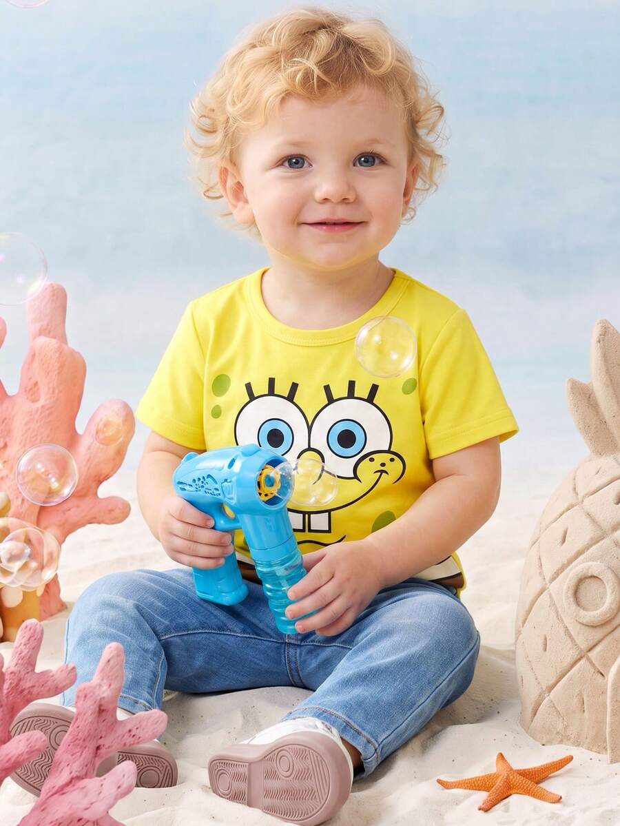 SpongeBob SquarePants | SHEIN 1件男嬰夏季休閒卡通印花短袖T恤 - 彩色 - 查看 1