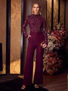 MOTF PREMIUM ELEGANT SLIMMING HOLLOW LACE PATCHWORK LONG SLEEVE WOMEN JUMPSUIT - Red Violet - View 6