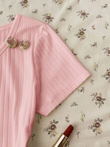 Teen Girl Summer New Slim Fit Flattering Versatile Pink Ribbed Knit Round Neck Button Short Sleeve Top - Pink - View 4
