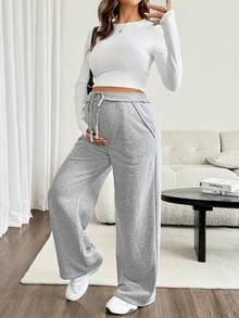 SHEIN Maternity Casual Versatile Sweatpants With Pockets And Drawstring Waist For Daily Wear - Grey - View 6