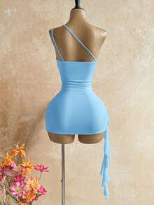 Soleia Women's Sexy Asymmetrical Shoulder Ruched Ruffle Dress With Asymmetrical Mesh Top 2 Pieces Set For Vacation - Blue - View 4