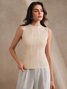 Anewsta Essential Spring/Summer New Elegant Fashion Casual Outing Professional Commute Date Party Holiday Striped Textured Knit Elastic Women's Tank Top - Apricot - View 7